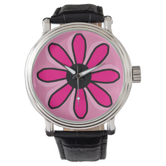 Pink Flower Watch Vintage Leather Strap Black