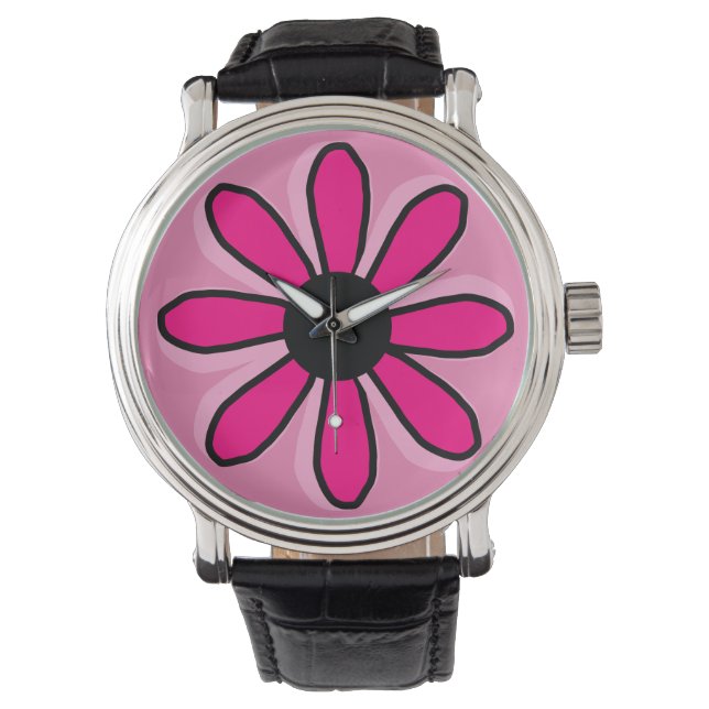 Pink Flower Watch Vintage Leather Strap Black (Front)