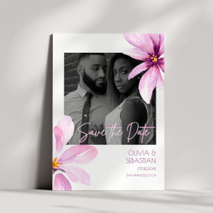 Pink Flower Watercolor Black white Photo Wedding Save The Date