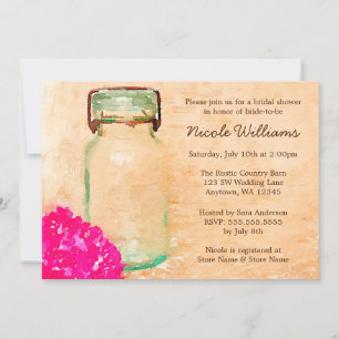 Pink Flower Watercolor Mason Jar Bridal Shower Invitation