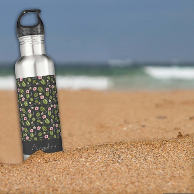 Pink flower watercolor name green 710 ml water bottle (Creator Uploaded)