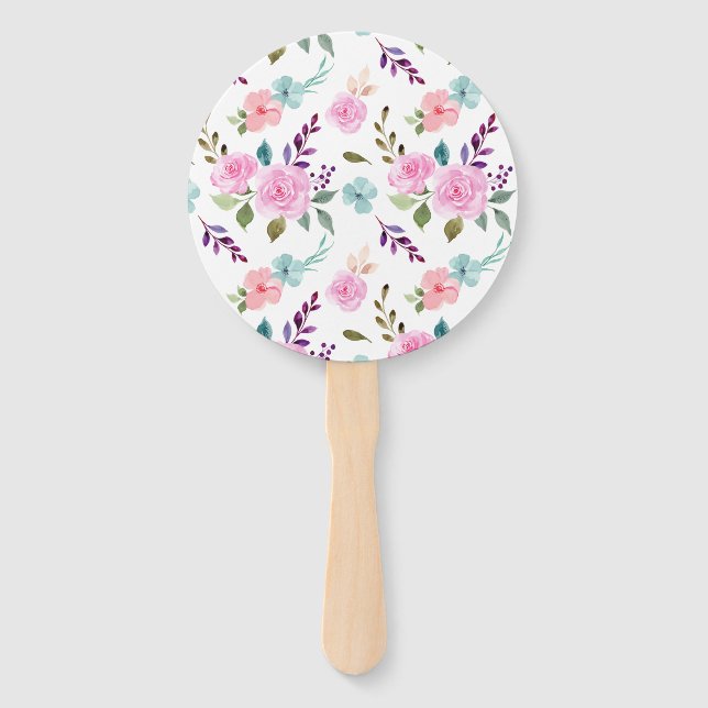 Pink flower watercolor seamless hand fan (Front)