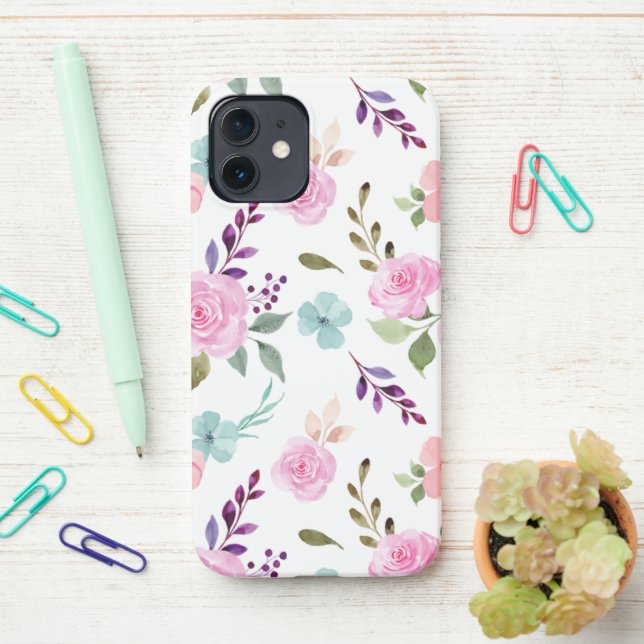 Pink flower watercolor seamless iPhone case (On Desk)