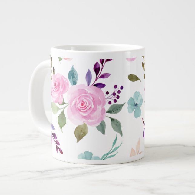 Pink flower watercolor seamless large coffee mug (Front Left)