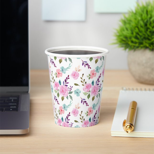 Pink flower watercolor seamless paper cups (Insitu)
