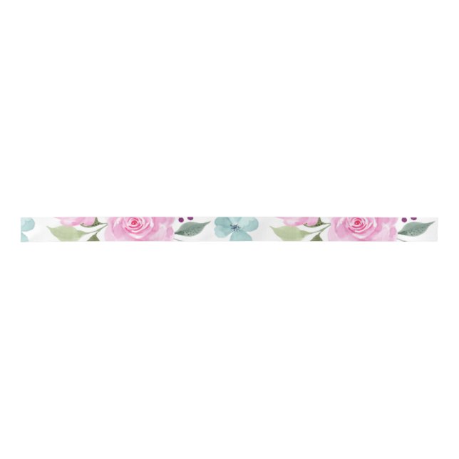 Pink flower watercolor seamless satin ribbon (Front)