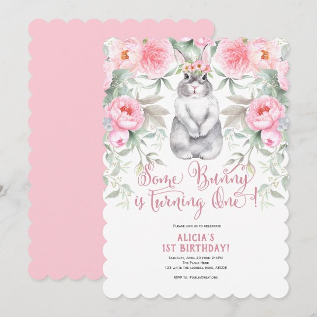Pink Flower, Watercolor, Some Bunny is One Invitation (Front/Back)