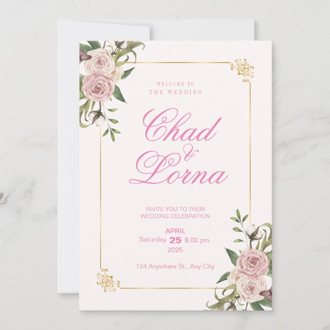 Pink Flower Watercolor Wedding Invitation Card (Front)