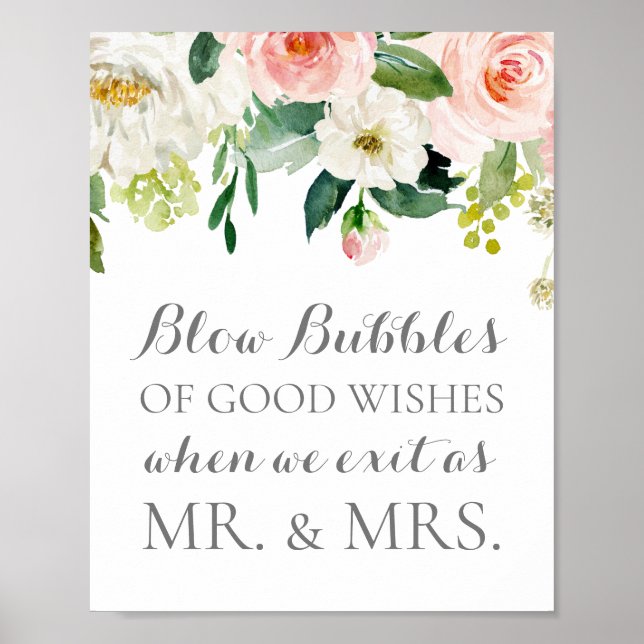 Pink Flower Wedding Bubbles of Good Wishes Sign (Front)