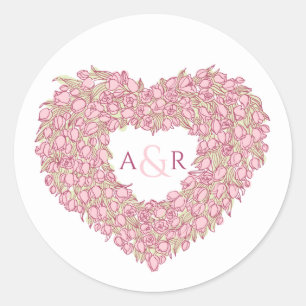 Pink flower wedding tulips heart bouquet monogram  classic round sticker