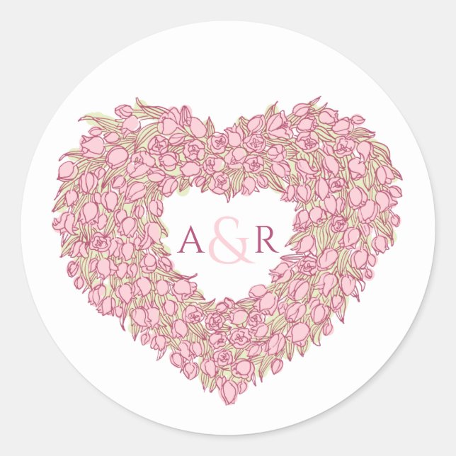 Pink flower wedding tulips heart bouquet monogram  classic round sticker (Front)