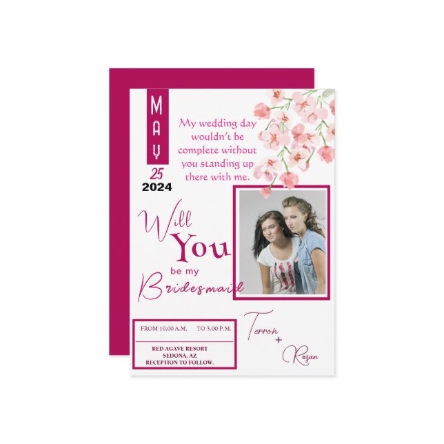 Pink Flower wine Invitation (Front/Back In Situ)