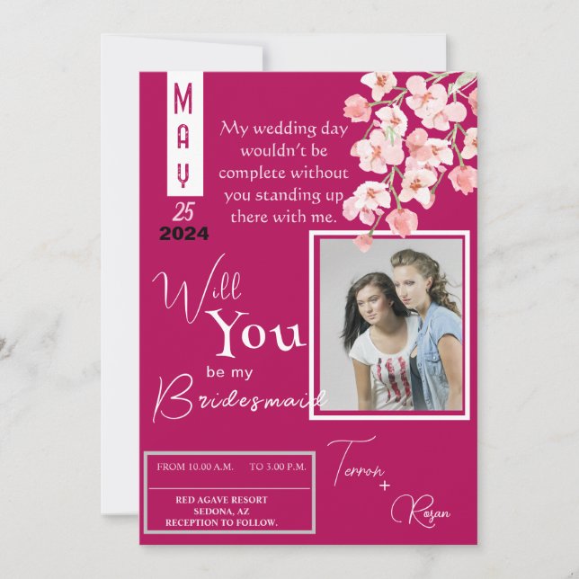 Pink Flower wine Invitation (Front)