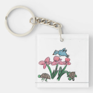 Pink Flower with Bird  Key Ring