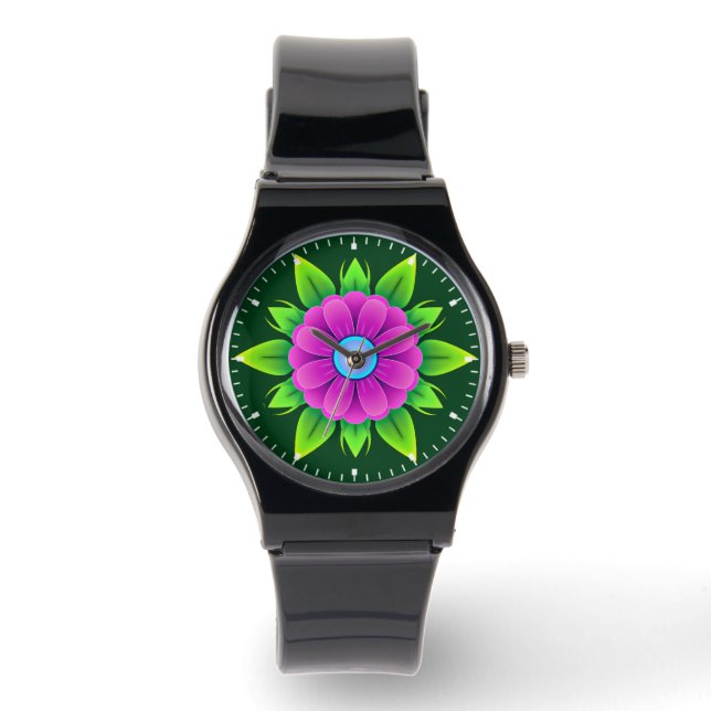 Pink Flower with Green Leaves-23857 Watch (Front)