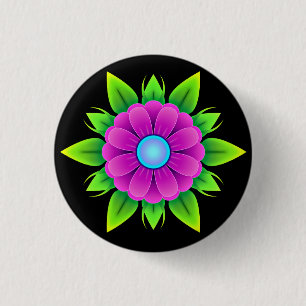 Pink Flower with Green Leaves 3 Cm Round Badge
