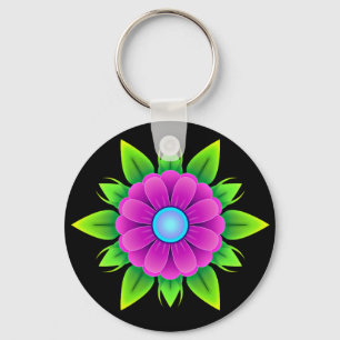 Pink Flower with Green Leaves Key Ring