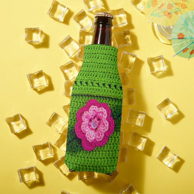 Pink Flower with Pearl Button Light Green Crochet Bottle Cooler (In Situ Summer)