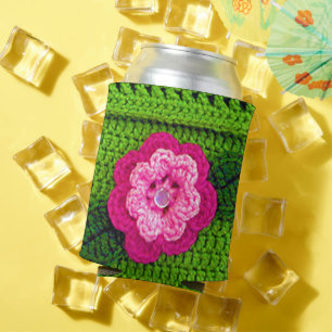 Pink Flower with Pearl Button Light Green Crochet Can Cooler