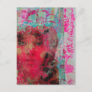 Pink Flower Woman Mixed Media Collage Postcard