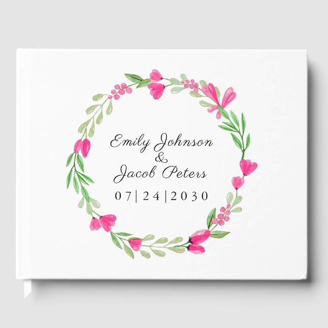 Pink Flower Wreath Elegant Floral White Wedding Guest Book (Front)