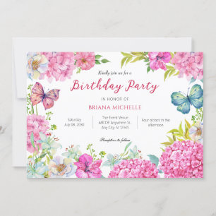 Pink flower wreath watercolor invitation
