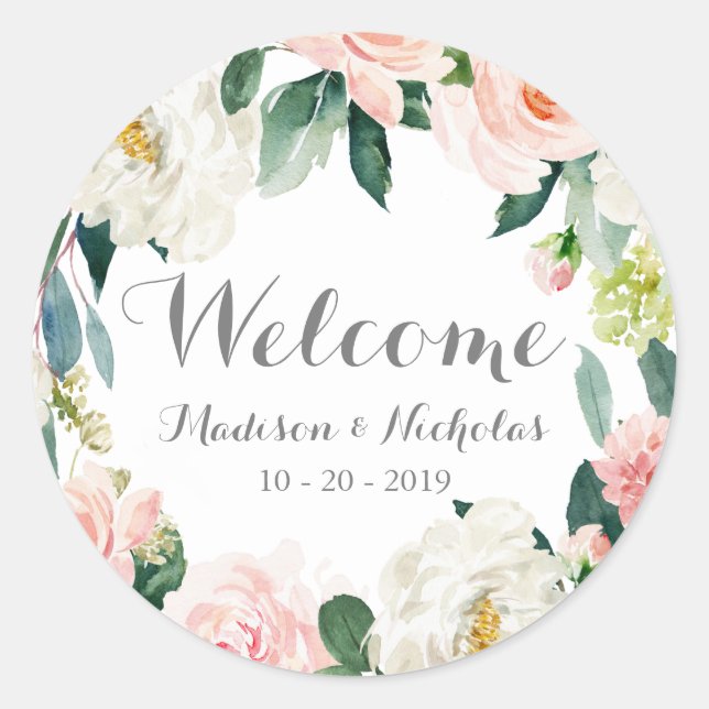Pink Flower Wreath Wedding Welcome Stickers (Front)