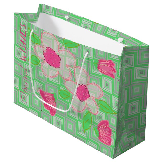 Pink Flowered With Green and  Grey Large Gift Bag (Front Angled)