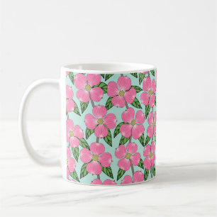 pink flowering dogwood line drawing floral on aqua coffee mug