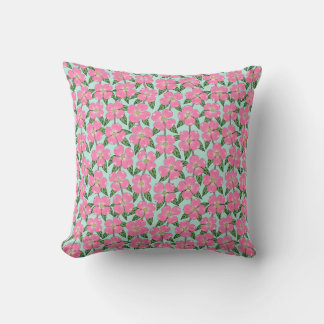 pink flowering dogwood line drawing floral on aqua cushion