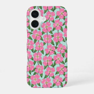 pink flowering dogwood line drawing floral on aqua iPhone 16 case