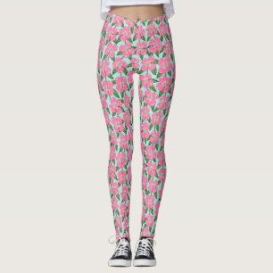 pink flowering dogwood line drawing floral on aqua leggings