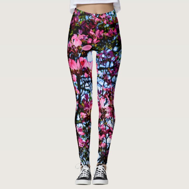 Pink flowering dogwood tree photo leggings (Front)