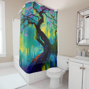Pink Flowering Tree over turquoise Water Shower Curtain