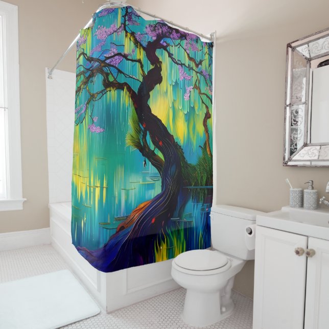 Pink Flowering Tree over turquoise Water  Shower Curtain (In Situ)