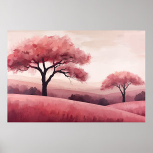 Pink Flowering Trees Rolling Hills Landscape Poster