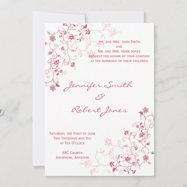 Pink Flowering Vines Wedding Invitation (Front)