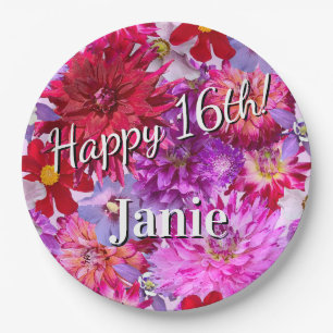Pink Flowers 16th Birthday Paper Plate