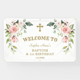 Pink Flowers 1st Birthday Baptism Welcome Sign
