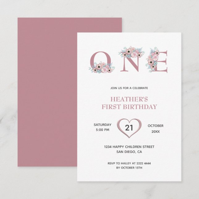 Pink Flowers 1st Birthday Invitation (Front/Back)