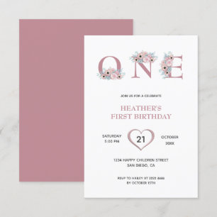 Pink Flowers 1st Birthday Invitation