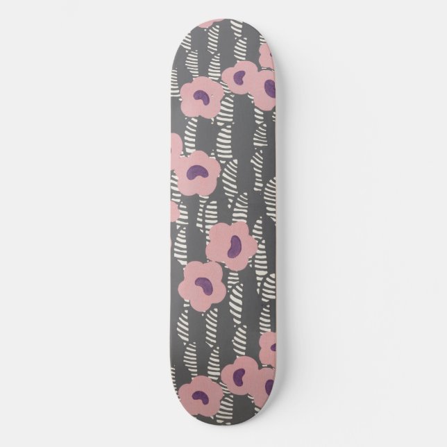 Pink Flowers Abstract Blooms Mid-century Art Deco Skateboard (Front)