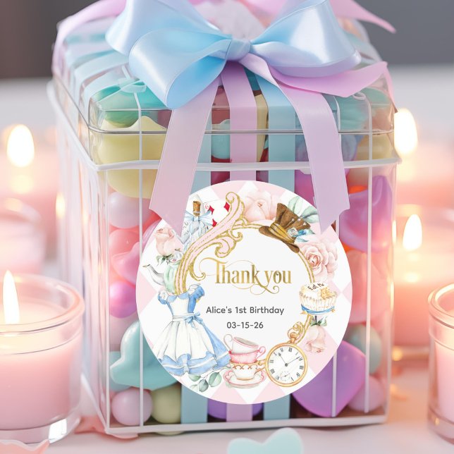 Pink flowers, Alice Onederland, thank you Classic Round Sticker (PInk, Alice Onederland themed birthday thank you sticker.
)