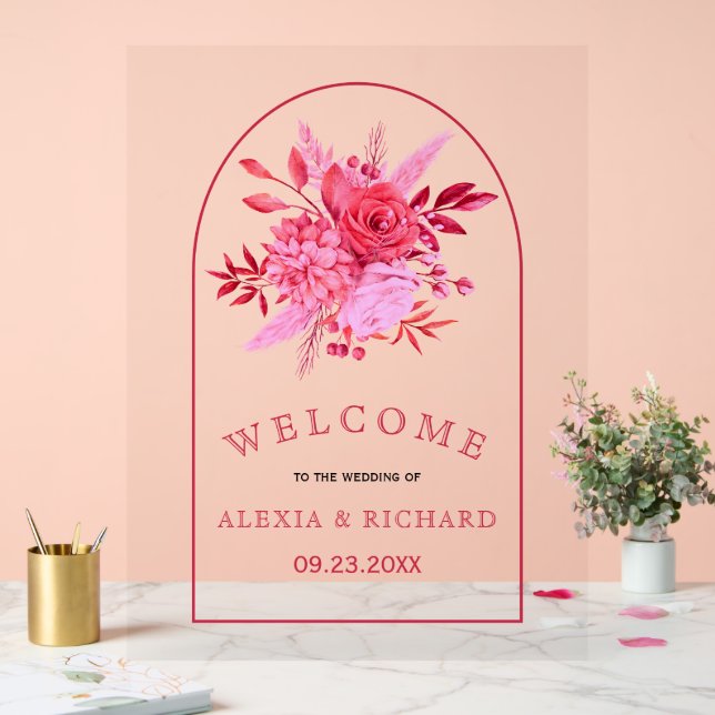 Pink flowers and arch floral welcome wedding acrylic sign (Wedding)