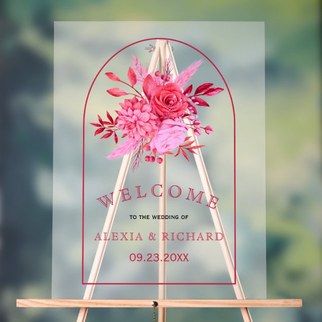 Pink flowers and arch frosted welcome wedding acrylic sign (Neutral)