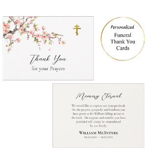 Pink Flowers and Bird Orthodox Christian Memorial  Thank You Card