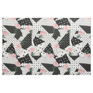Pink Flowers  and Black Dots  CHANGE BACKGROUND Fabric