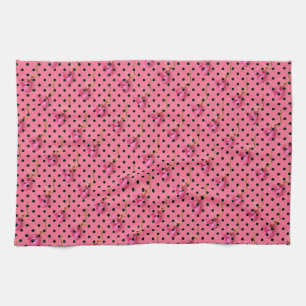 Pink flowers and black polka dots tea towel