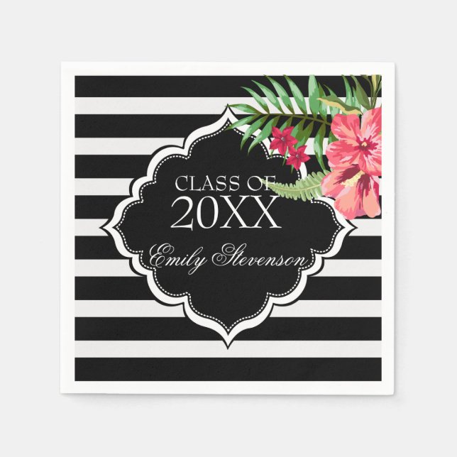 Pink Flowers And Black Stripes- Graduations Napkin (Front)