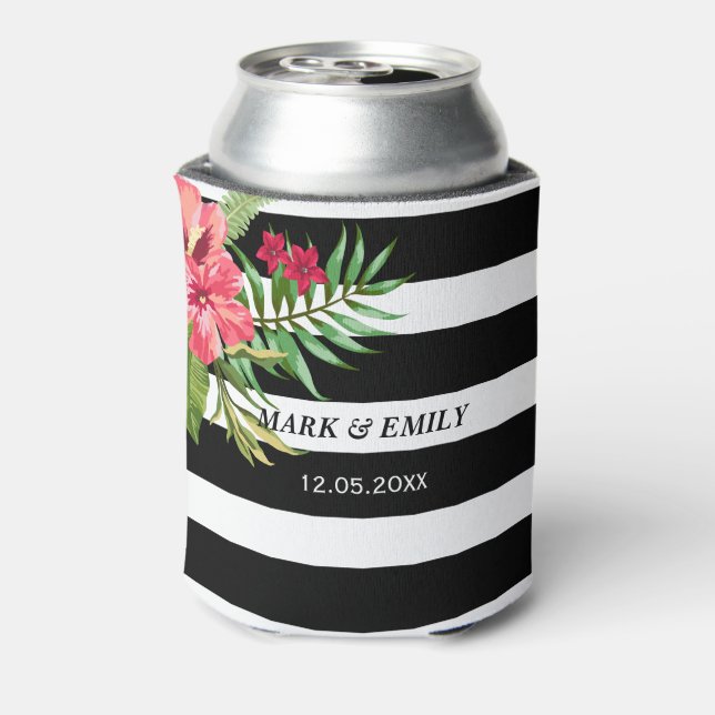 Pink Flowers And Black White Stripes Can Cooler (Can Back)